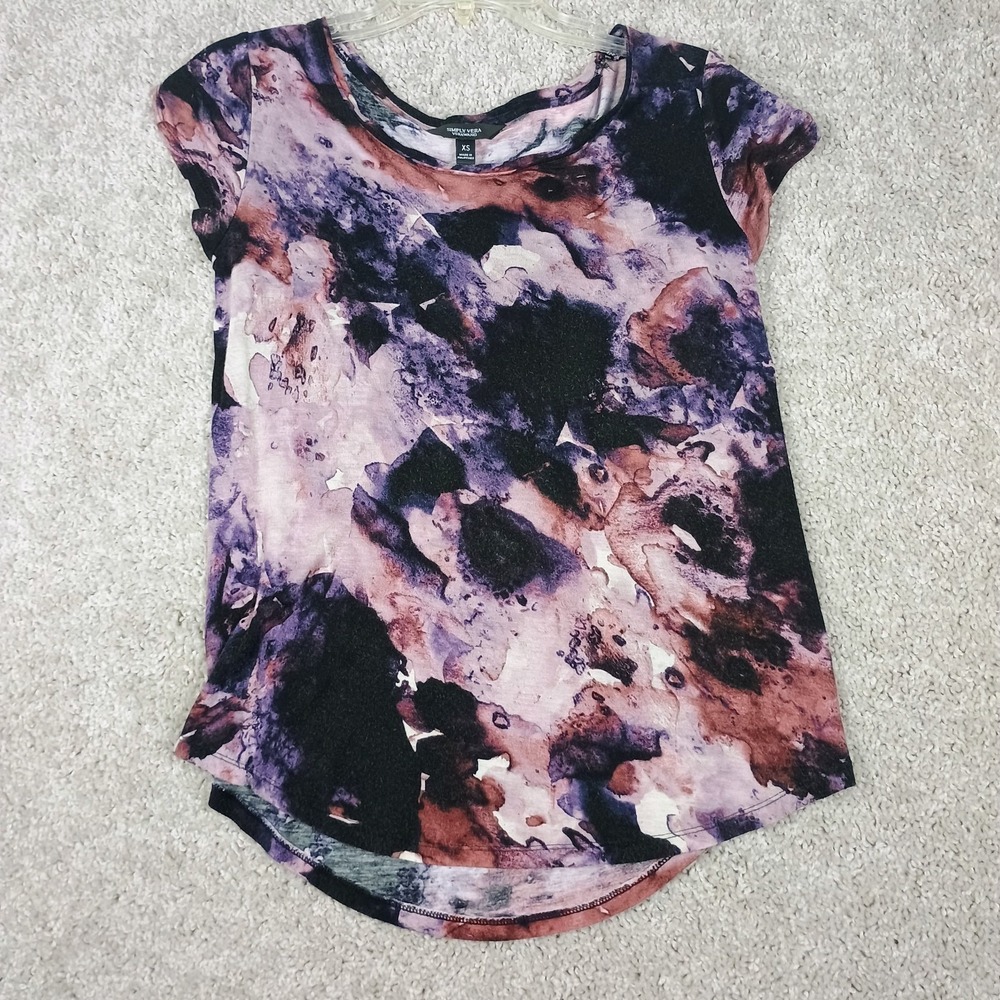 Simply Vera Vera Wang Women's XS Purple Black Tie Dye Swirls High-Low Hem Top